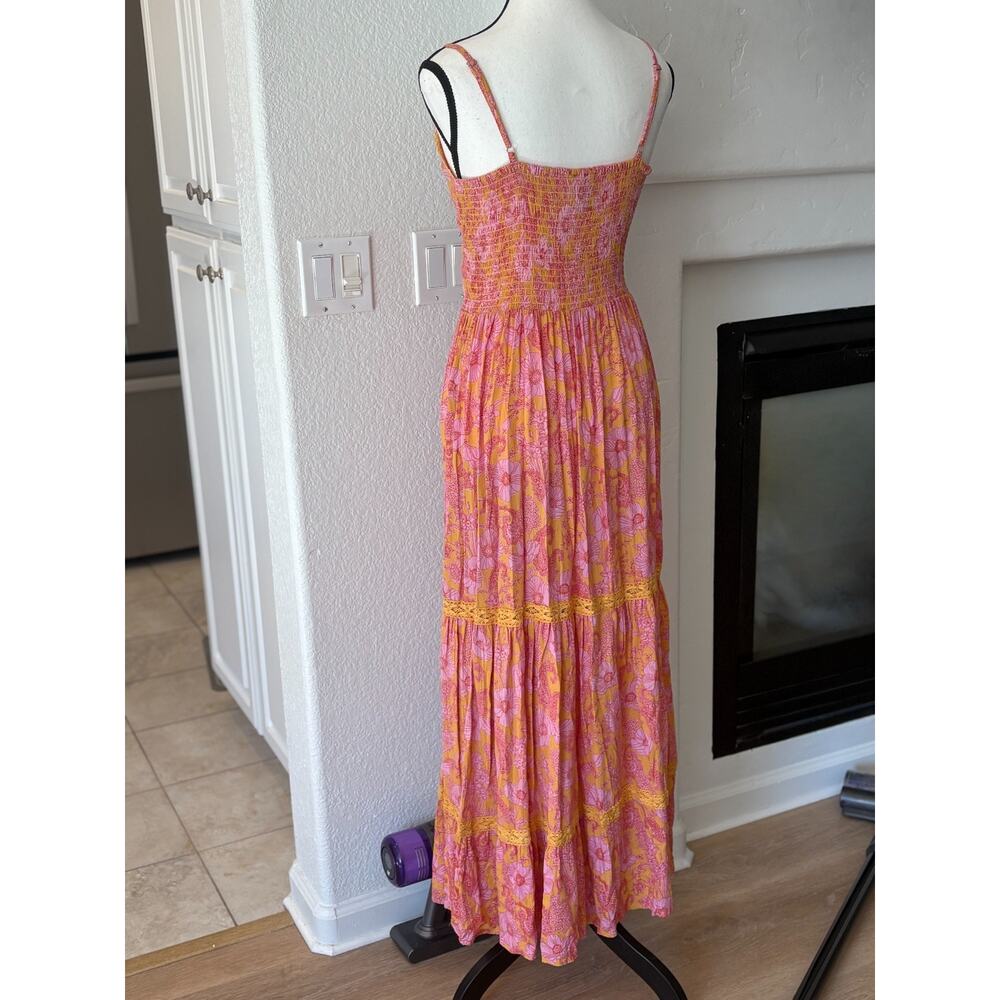 Angie Boho Floral Maxi Dress Pink/Yellow Twist Front Tiered Crochet L 8-12 - Picture 6 of 6